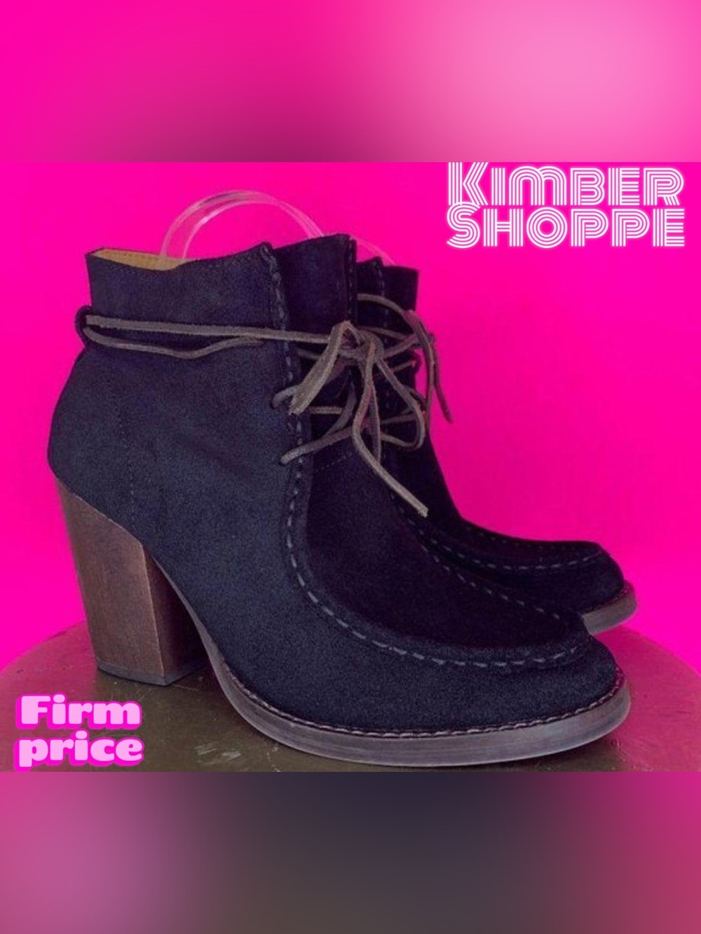 Latigo Frieda Black Suede Moc Toe Lace-Up Block Heel Ankle Boots US 7.5